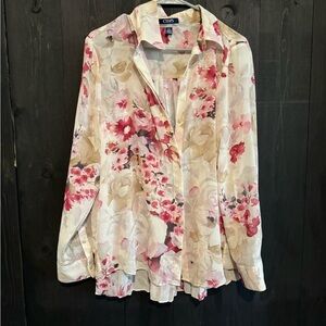 Chaps Women's Button Down Shirt - Pink and Cream Floral